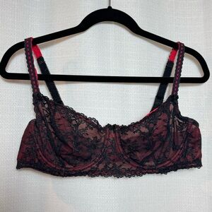 Felina Sheer Lace Balconette Bra 40C Red Black Floral Demi Lingerie
